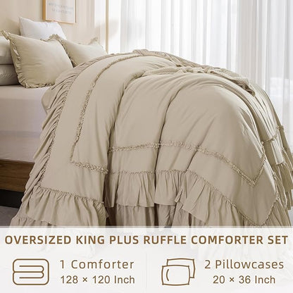 QSH Wheat Oversized California King Bed Comforter Set 128x120, Farmhouse Shabby Vintage Bedding Comforter with Ruffles French Country Comforter Soft Microfiber Fluffy Bedding 3 PCs