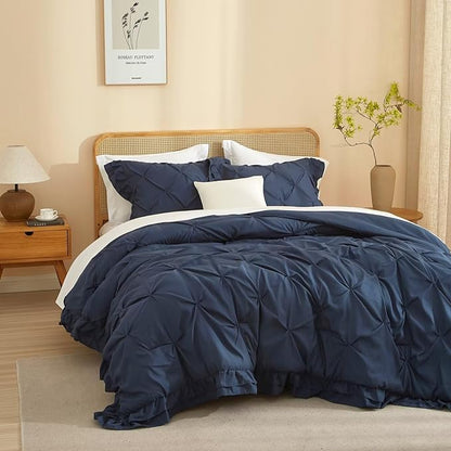 Navy Blue Comforter Sets for All Seasons Twin XL Duvet Insert Ruffled Pinch Pleated 3 Pieces Washed Bed Quilt Set Solid Pintuck Soft Lightweight Bedding Set with 1 Comforter and 2 Pillowcases