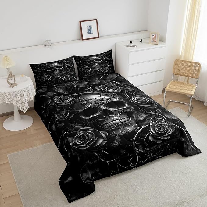 Erosebridal Gothic Bedding Set for Adluts Kids Teens Goth Skull Twin Comforter Set Vintage Victorian Romantic Gray Rose Floral Quilt Spooky Grunge Skeleton Boho Horror Bedding,Gothic Decor