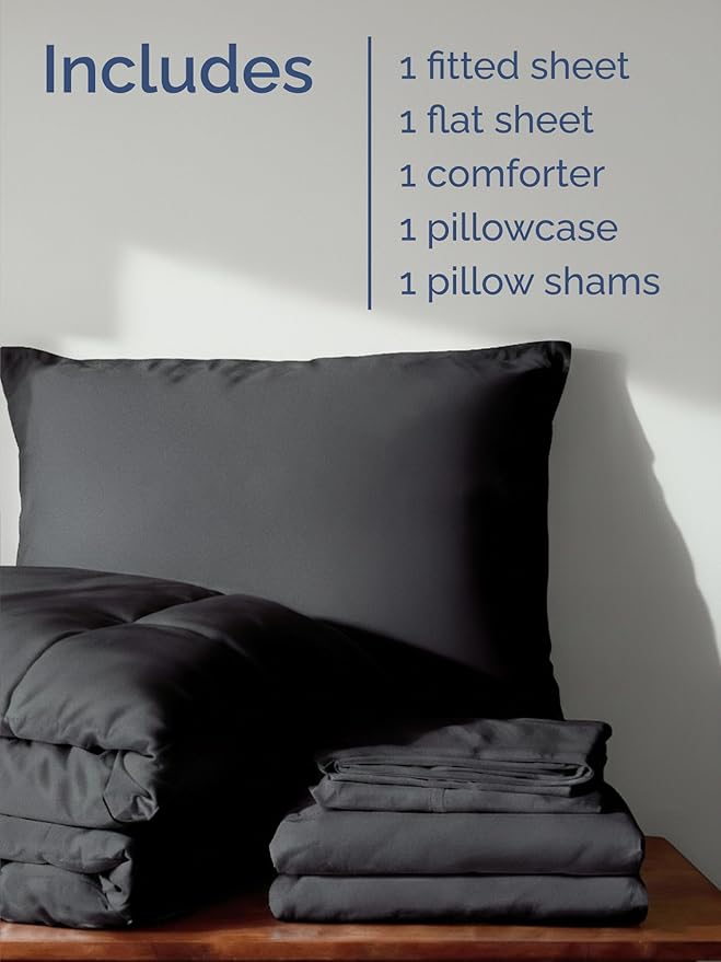 Twin Comforter Set - 5 Piece Bed in a Bag Twin Size Bed Set - Down Alternative Comforter, Flat Sheet, Fitted Sheet, Pillowcase & Sham for All Seasons - Ultra Soft, Cozy, Comfy & Breathable - Dark Grey