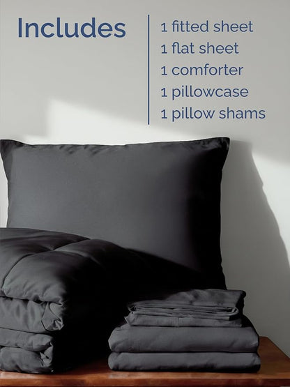 Twin XL Comforter Set - 5 Piece Bed in a Bag Twin XL Size Bed Set - Down Alternative Comforter, Flat Sheet, Fitted Sheet, Pillowcase & Sham for All Seasons - Ultra Soft, Comfy, Breathable - Dark Grey