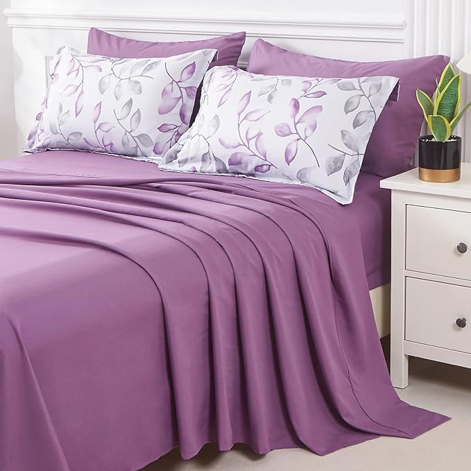 Yogeneg Botanical King Szie Comforter Set 7 PCS Bed in a Bag,Purple Grey Leaves Printed on White Reversible Design,Soft Microfiber Bedding Complete Set for All Season(Purple,King)