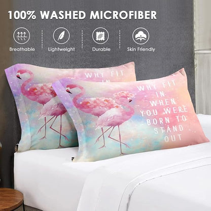 Full Size Comforter Set with 2 Pillowcases, Pink Summer Flamingo Flower 3 Pcs Bedding for Kids and Adults, Rainbow Colorful Animal Soft Comforter Set for Bedroom Bed Decor