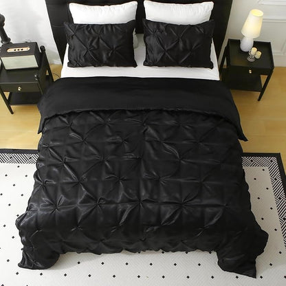 Satin Comforter Set King Size, 3-Piece Black Pinch Pleat Bedding Sets, Comforter, Pillowcases, Offering Exceptionally Soft and Smooth Comfort for All Season Use