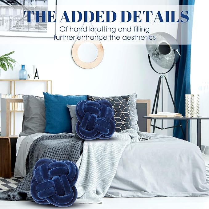 2 Pcs Knot Pillow Balls Set, 12 Inch Soft Decorative Throw Knot Pillow Ball, Large Square Knotted Floor Cushion for Living Room Bedroom Sofa Couch Bed Home Decoration (Navy Blue)