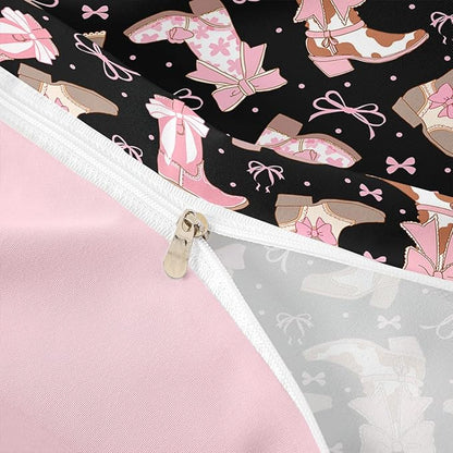 Feelyou Black Pink Western Bedding Set Cowgirl Cowboy Boots Comforter Set for Kids Boys Girls Teens Room Decor Cute Bowknot Dreamy Princess Style Comforter Queen Size Girly Duvet Set 3Pcs