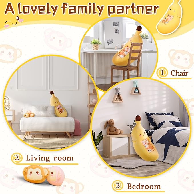 Lewtemi Cute Banana Pillow Kawaii Stuffed Animal Removable Emotional Plush Support Cat Dinosaur Gift for Home Room Positive Decor(Banana)