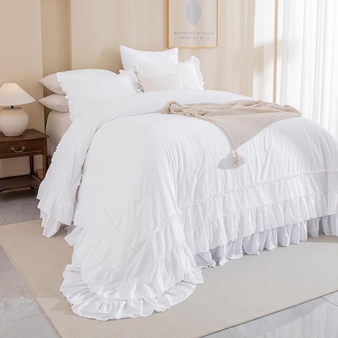 QSH Farmhouse Ruffled Oversized King Comforter 128x120,3PCs Bright White Shabby Boho Chic French Country Bedding Comforter Set California King Bed Comforter Lightweight Soft Microfiber Rustic Bedding