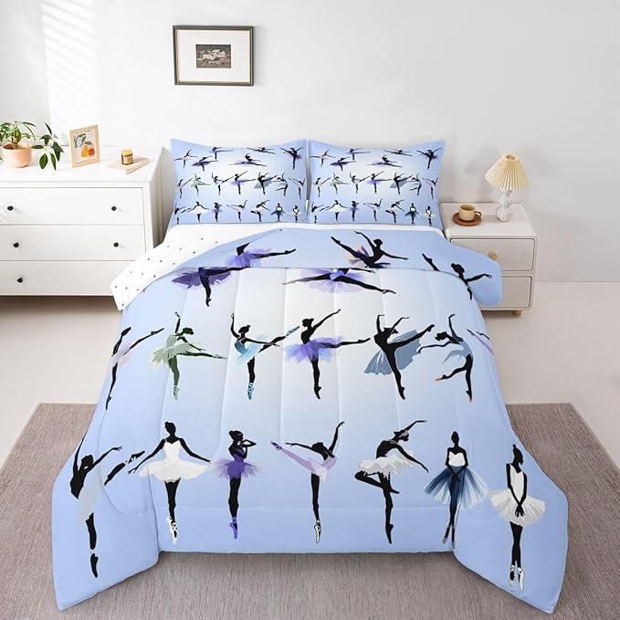 Erosebridal Girl Comforter Set King Size Ballet Bedding Set for Girls Women Kids Teens Dancing Theme Down Comforter Classical Graceful Style Warm Soft 3 Pieces Bedroom Decor Quilt Set