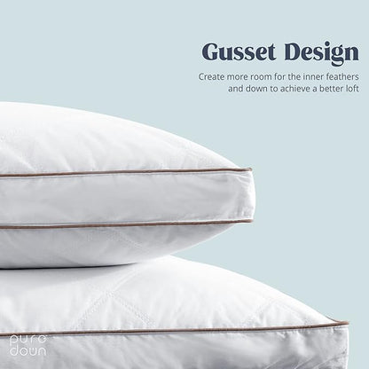 puredown® Goose Feathers and Down Pillow for Sleeping Hotel Collection Bed Pillows, Gusseted, Standard/Queen, Set of 2