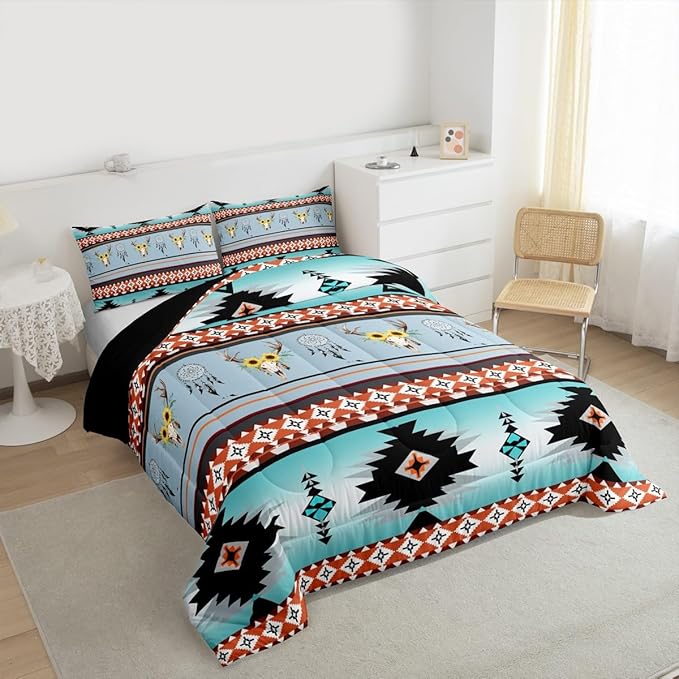 Erosebridal Western Comforter Set King,Southwestern Bedding Sets Exotic Sunflower Bull Skull Quilt,Dream Catcher Aztec Duvet Insert Tribe Feather Western Animals Boho Decor Teal