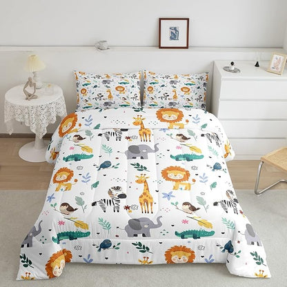 Erosebridal King Size Zoo Animal Comforter Set, Giraffe Lion Elephant Bedding Set, Cute Wild Animals Down Comforter for Kids Teens Boys Girls Bedroom, Cartoon Safari Wildlife Quilt,Lightweight