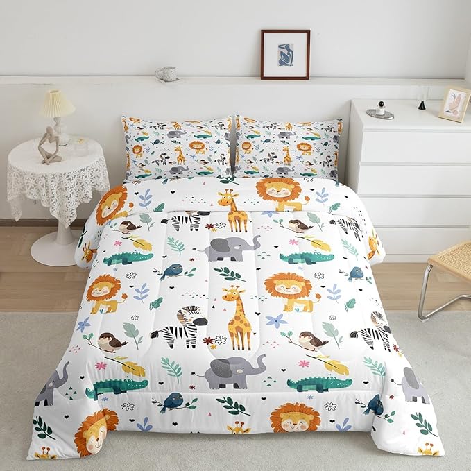 Erosebridal Queen Size Zoo Animal Comforter Set, Giraffe Lion Elephant Bedding Set, Cute Wild Animals Down Comforter for Kids Teens Boys Girls Bedroom, Cartoon Safari Wildlife Quilt,Lightweight