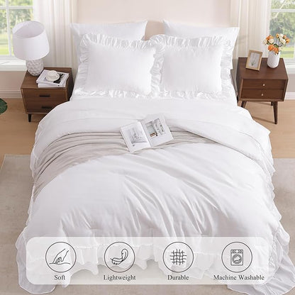 Full Comforter Set White, Ruffle Shabby Chic Bedding Set Farmhouse 7 Pieces, All Season Fluffy Bed in a Bag with Sheets, Pillowcases & Shams