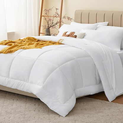 CozyLux Twin Comforter Set with Sheets White, 5 Pieces Bed in a Bag, White Comforter Twin Size, All Season Bedding Set with Stitch Quilted Comforter, Flat Sheet, Fitted Sheet, Pillowcases