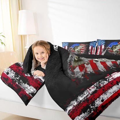 Big Pike Fish Bedding, American Flag Grunge Stripes Print Comforter Set Bass Fishing Comforter Set, Small Fish Pattern Hunting and Fishing Duvet Insert Farmhouse Decor Quilt with 2 Pillowcases Queen