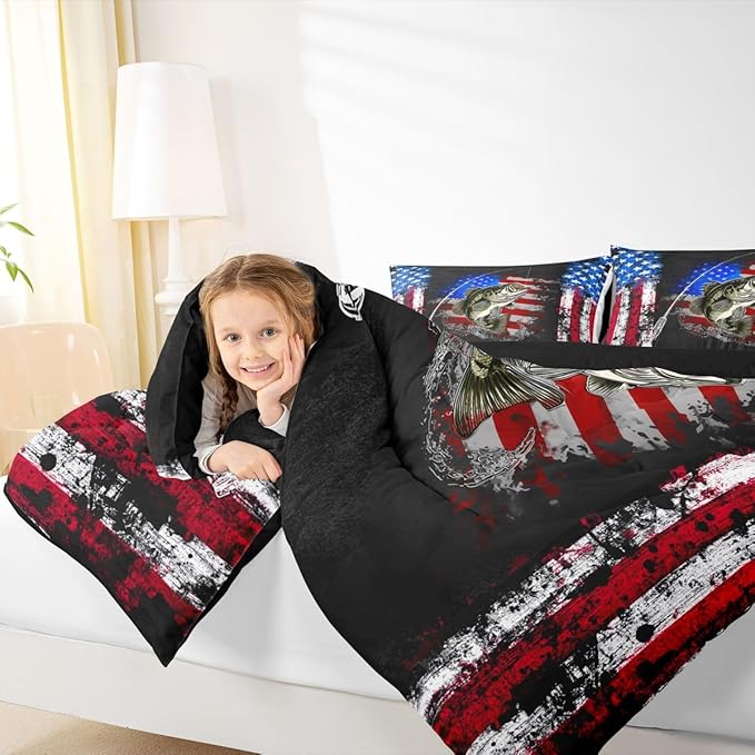 Big Pike Fish Bedding, American Flag Grunge Stripes Print Comforter Set Bass Fishing Comforter Set, Small Fish Pattern Hunting and Fishing Duvet Insert Farmhouse Decor Quilt with 2 Pillowcases King