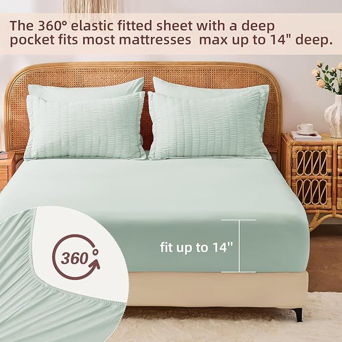 FUANNA Queen Comforter Set 7 Pieces, Luxury Seersucker Bed in a Bag Queen Size for All Seasons, Soft Bedding Set with Comforter, Flat Sheet, Fitted Sheet, Pillowcases & Shams for Bedroom, Sage Green