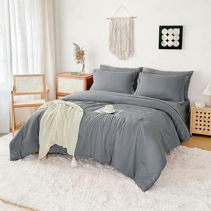 Cal King Comforter Set Double Brushed Microfier Silver Gray - 7-Piece Bed in a Bag, All-Season Soft Bedding with Sheets & Envelope Pillowcases ((104"x90",Cal King)