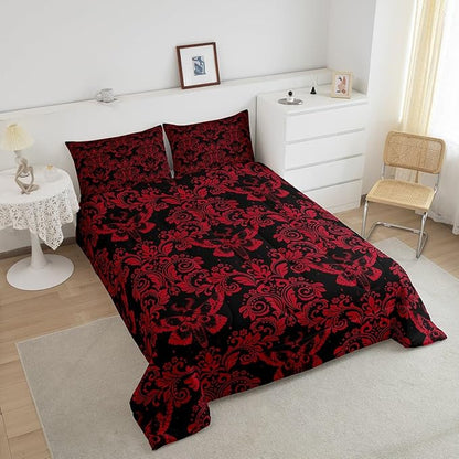 Feelyou Adults Red Vintage Damask Floral Comforter Set Oriental Antique Comforter Queen Size Gothic Bohemia Boho Flower Bedding Set Gothic Skull Duvet Set Quilt Set 3Pcs