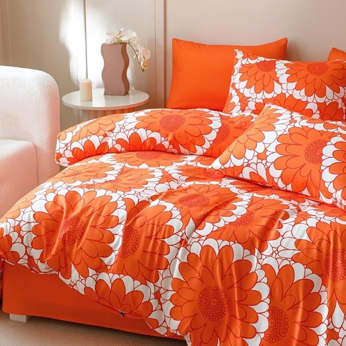 CLOTHKNOW Orange Twin Comforter Set 3Pcs Sunflower Bedding Comforter Sets Dark Orange White Farmhouse Botanical Comforter with 2 x Pillow Cases