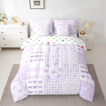 Feelyou Purple Bow Comforter Set with Sheets 7 Piece Full Size Cute Bowknot Bedding Set for Kids Boys Girls Princess Bow Bed in a Bag Kawaii Room Decor Soft Lightweight Microfiber