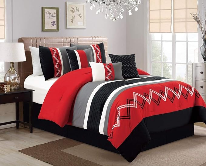 Chezmoi Collection Arden 7-Piece Modern Pleated Stripe Embroidered Zigzag Bedding Comforter Set (King, Red/Black/Gray/Off-White)