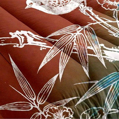 Queen Comforter Set 3 Pieces Vintage Bamboo Leaves Birds Bedding Set Teal Tan Soft Microfiber Down Alternative Comforter with 2 Pillowcases