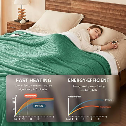 Homemate Electric Heated Blanket Queen Size - 84"x90" Heating Blanket Queen Size Dual Control 1/2/4/6/8 Hours Auto-Off 10 Heat Level Over-Heat Protection Flannel Sherpa ETL Certification