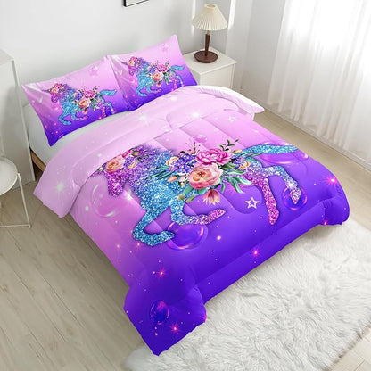 Violet Dreamy Unicorn Comforter Sets Full Size， Violet Dreamy Unicorn Bedding Sets for Kids,Flowers and Gradient Violet Comforter Sets All Season 1 Comforter and 2 Pillowcases