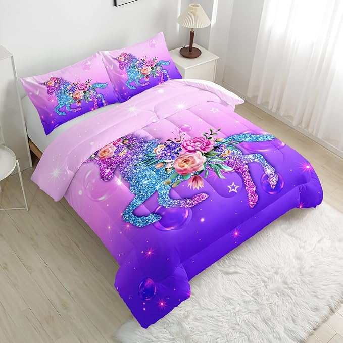 Dreamy Unicorn Comforter Sets King，Purple Dreamy Unicorn Bedding Sets 3PCS for Kids,Flowers and Gradient Purple Bedding Sets All Season 1 Comforter and 2 Pillowcases