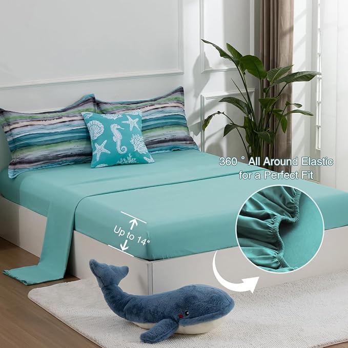 Holawakaka Beach Stripe Bedding Sets 6 Pieces, Aqua Coastal Striped Comforter Set Queen Size All Season Geometric Bed Set, Nautical Bed in a Bag with Comforter, Sheets and Shams