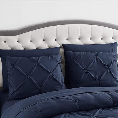 Comforter Set 8 Piece Bed in a Bag Design, Bed Sheets, 2 Pillowcases, & 2 Shams Down Alternative All Season Warmth, King, Pintuck Navy, (Pack of 3)