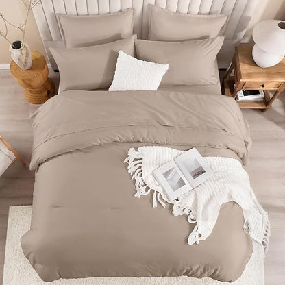 Litanika Full Size Comforter Sets Light Coffee - 7 Pieces Bed in a Bag Beddding Sets, Solid Lightweight Bed Set with Comforter, Sheets, Pillowcases & Shams