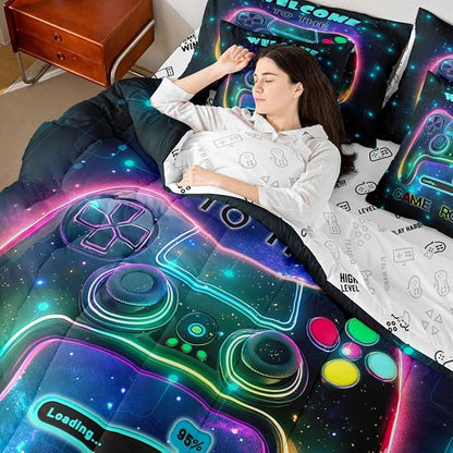 jejeloiu Cool Gamer 7 Piece Bedding Set King Size for Boys 3D Gaming Comforter Set with Sheets Kids Teens Bright Color Bed in a Bag Modern Game Console Bed Set