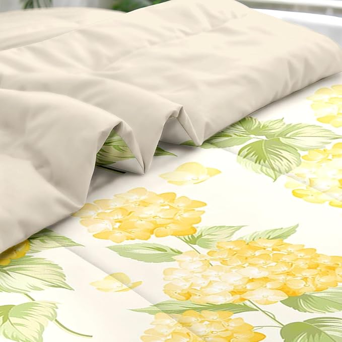 Comforter Set King Size, Flower Yellow Hydrangea 7 Pcs Bedding for Kids and Adults, Floral Summer Rustic Bed Sheet Sets with Fitted Sheet 2 Pillowcases & 2 Shams for Bedroom Bed Decor