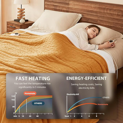 Homemate Heated Blanket Electric Throw - 50"x60" Heating Blanket Throw 1/2/4/6/8 Hours Auto-Off 10 Heat Level Over-Heat Protection Flannel Sherpa ETL Certification
