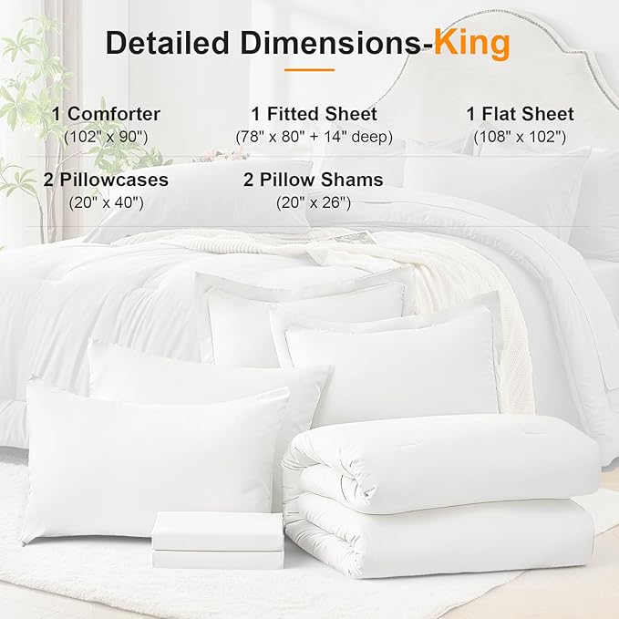 King Size Comforter Set 7 Pieces - White Soft Bed in a Bag King Bed Set, Cozy Luxury Bedding Sets with All Season Comforter, Flat Sheet, Fitted Sheet, 2 Pillowcases & 2 Shams