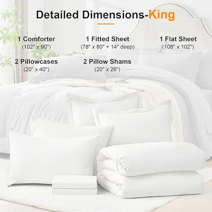 King Size Comforter Set 7 Pieces - White Soft Bed in a Bag King Bed Set, Cozy Luxury Bedding Sets with All Season Comforter, Flat Sheet, Fitted Sheet, 2 Pillowcases & 2 Shams