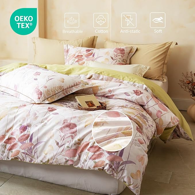 Queen Size Floral Comforter Set, 3Pcs Long Staple Cotton Duvet for All Seasons, Botanical Print Bedding Set with 1 Lightweight Comforter and 2 Pillow Shams
