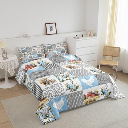 Farmhouse Plaid Comforter Set Queen Size,Highland Cattle Chicken Animals Bedding Set for Women Adult,Blue Floral Geometric Patchwork Luxury Bed Duvet Insert, 2 Pillowcases