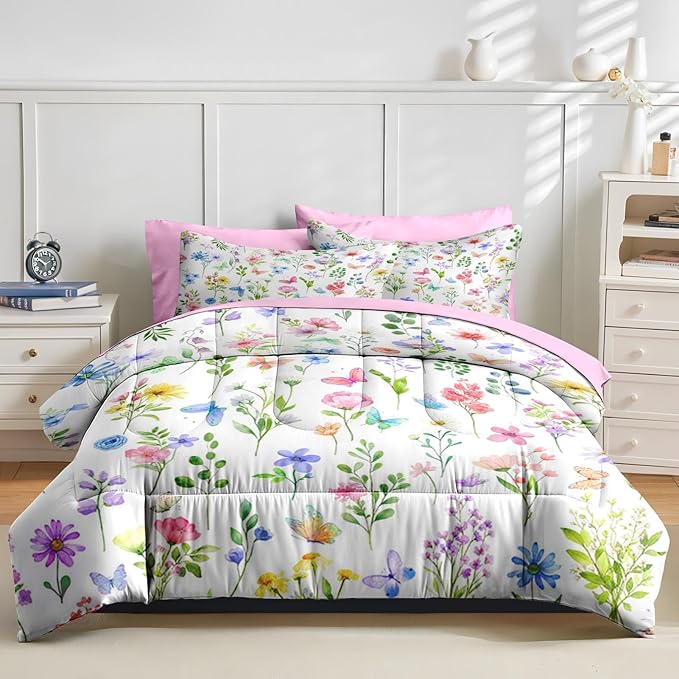 Nesker 5 Pcs Spring Comforter Set Twin Size, Pastel Floral Bedding Set for Kids and Adults, Colorful Pink Butterfly Bed Sheet Sets with Fitted Sheet Pillowcase & Sham