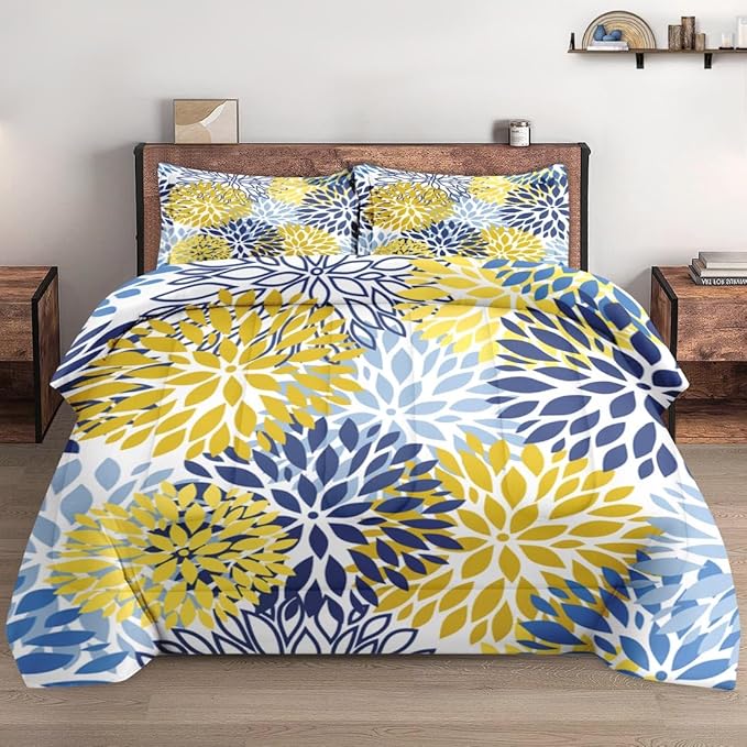 Comforter Set King Size, Spring Floral Navy Blue Soft 3 Pcs Bedding for Kids and Adults, Gray Yellow Flower Comforter Set with 2 Pillowcases, for Bedroom Bed Decor