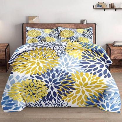 Comforter Set Full Size, Floral Navy Blue Summer Soft 3 Pcs Bedding for Kids and Adults, Yellow Flower Comforter Set with 2 Pillowcases, for Bedroom Bed Decor