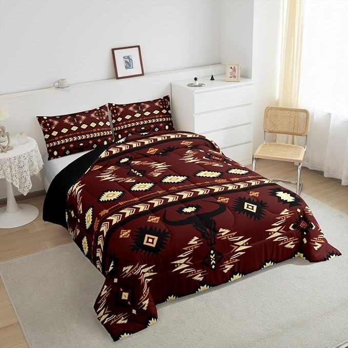 Feelyou Brown Western Aztec Decor Comforter Set Southwestern Toddler Size Bedding Set Exotic Bull Skull Duvet Quilt Ethnic Tribal Bedroom Decor