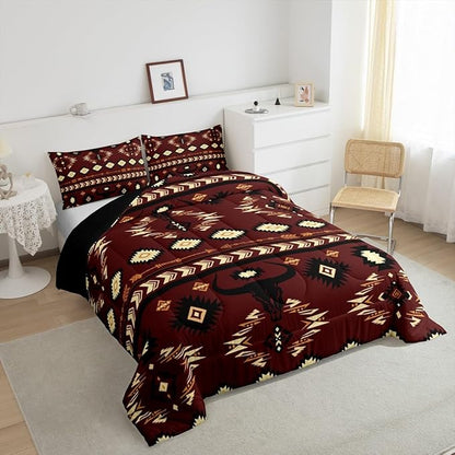 Feelyou Brown Western Aztec Decor Comforter Set Southwestern Twin Size Bedding Set Exotic Bull Skull Duvet Quilt Ethnic Tribal Bedroom Decor