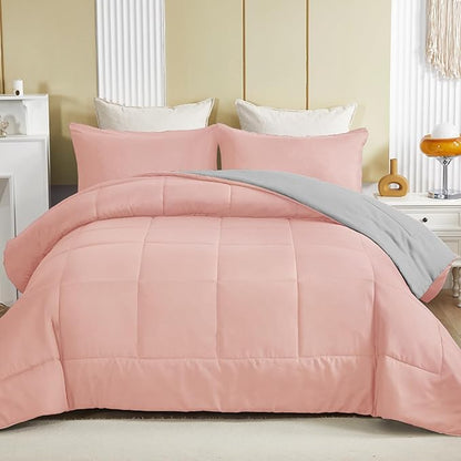 Exclusivo Mezcla Lightweight Summer Reversible Twin Size Comforter Set, Down Alternative Comforter with 1 Pillow Sham, Twin Size Bedding Set for All Seasons, Blush Pink/Light Grey