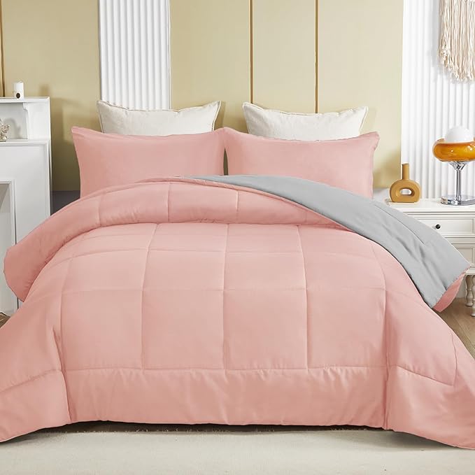 Exclusivo Mezcla Lightweight Summer Reversible Queen Size Comforter Set, Down Alternative Comforter with 2 Pillow Sham, Queen Size Bedding Set for All Seasons, Blush Pink/Light Grey