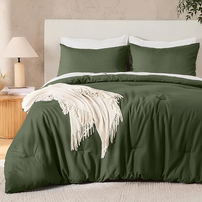 Andency Queen Size Comforter Set Olive, Solid Bed Comforter Set 3 Pieces (1 Comforter & 2 Pillowcases), Soft Cozy Lightweight All Season Bed Set