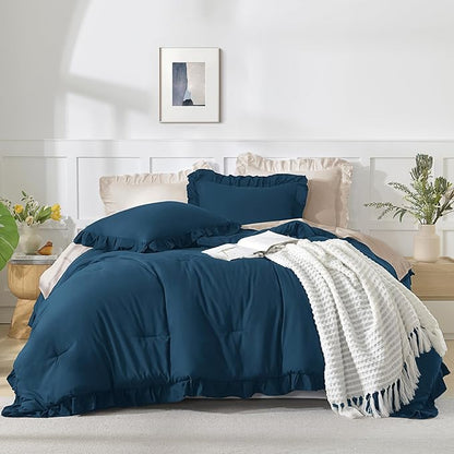 Andency California King Comforter Set Navy Blue, 3 Pieces Cal King Solid Ruffle Shabby Chic Bedding Comforter, Oversized Lightweight Soft Microfiber Bed Comforter